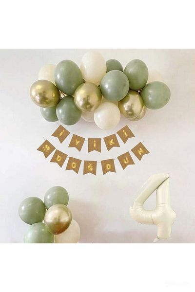 DÜVENCİ TİCARET Mould Green Birthday Set with Sea Sand and Chrome Gold Balloons