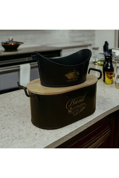 LUCKYHOMES Metal Black Cutting Board Bread Bowl and Table Top Boat Bread Bowl Set 32X15 23X9
