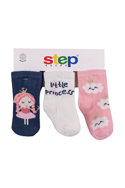 Step Baby Girl Navy Blue-Pink Princess 3-Piece Socks 10085