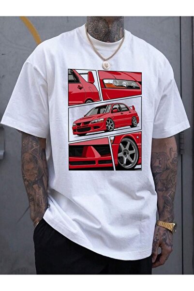 LAND MODA Tricou oversize din bumbac pentru bărbați - Imprimare mașină roșie,...