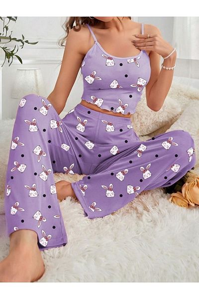 Cesur Women's Strap Long Pajama Set PurpleRabbit1