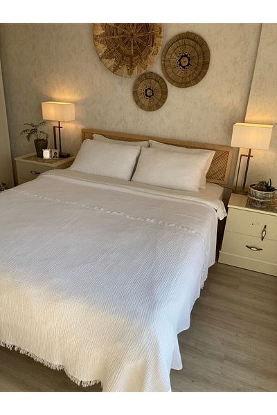 YASEMİNİNEVİ Double White Muslin Bedspread - Pike