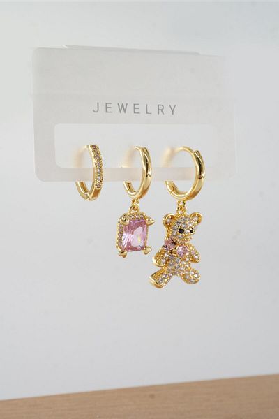 By Zeyna Aksesuar Vip Series Zircon Stone 3-Piece Mixed Figure Earrings - zrk00552