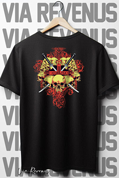 Vordevia Crna Oversize kroj T-shirt - Leđa lubanje Štampano