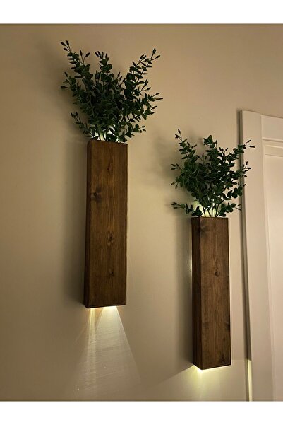 ViraHome 2 Li Ledli Ahşap Çiçeklik Dekoratif Aydınlatma Yapay Çiçek Balkon Dekoru Otel Rustik Pil Hariç 40cm