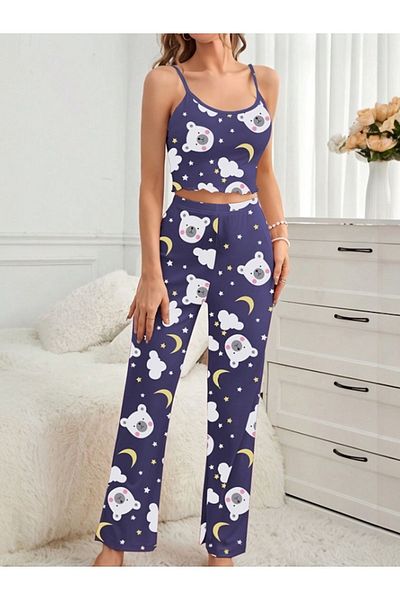 Cesur Purplepolarbear1 Strap Long Women's Pajamas Set