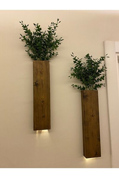 ViraHome 2 Li Ledli Ahşap Çiçeklik Dekoratif Aydınlatma Yapay Çiçek Balkon Dekoru Otel Rustik Pil Hariç 40cm