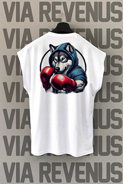 Vordevia Tricou sport alb cu mânecă zero cu imprimeu Wolf Boxing Back