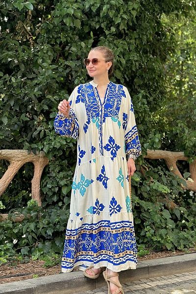 AYASOFYA OTANTIK Model etnic albastru - Rochie de damă cu mânecă lungă cu detaliu nasturi