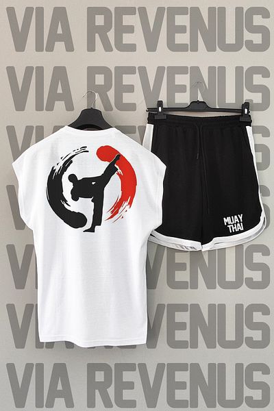 Vordevia Λευκό αθλητικό μπλουζάκι Muay Thai και μαύρο σορτς - μηδενικά μανίκια