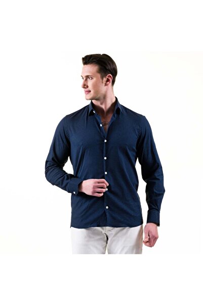 Exve Exclusive Тъмносиня дишаща лятна памучна риза с принт на бели точки