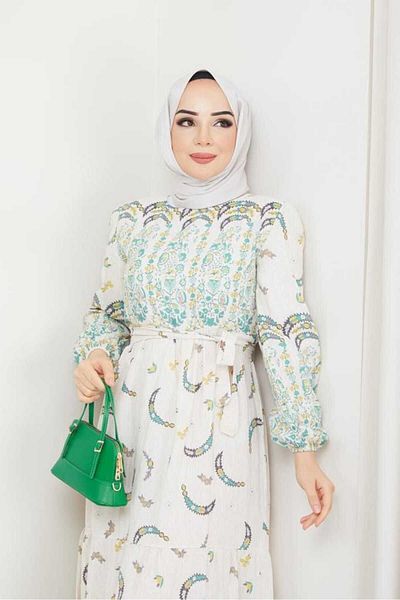 BAV Butik Ayvitrin Women's Authentic Banana Pattern Linen Linen Hijab Dress