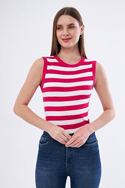 devirhesapdevri Women's Pink White Striped Ribbed Crew Neck Wide Shoulder Zero Sleeve Undershirt