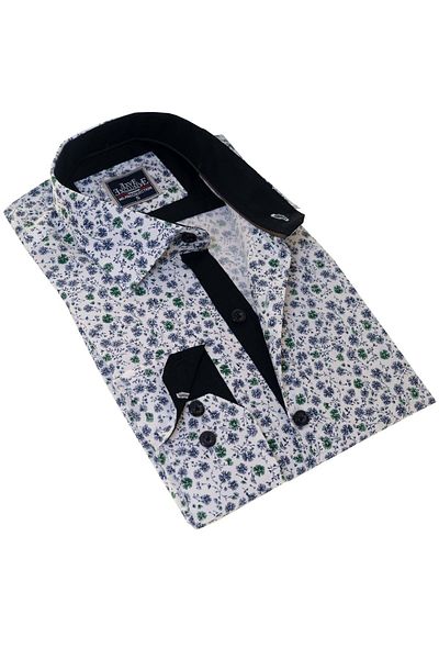 Exve Exclusive Cămașă pentru bărbați cu mânecă lungă, cu mânecă lungă, cu imprimeu flori, albastru bleumarin, verde, pe alb