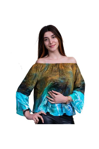 Exve Exclusive Milky Brown Blue Special Cut Women's Off Shoulder Blouse
