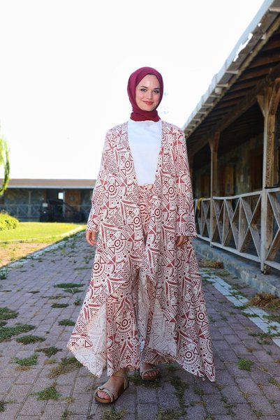 Moda Lippa Kimono din pânză Şile cu model etnic tip țiglă