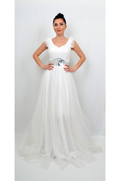 ALİS DRESS Beyaz Rengi Beli Aynalı Simli Tül Abiye