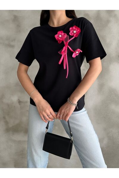 DuSiMoDa تي شيرت نسائي من القطن الأسود مع باقة زهور فوشيا بإبرة مقاس قياسي
