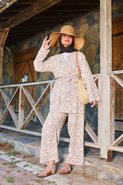 Moda Lippa Ethnic Patterned Brown Sile Cloth Kimono and Trousers Set