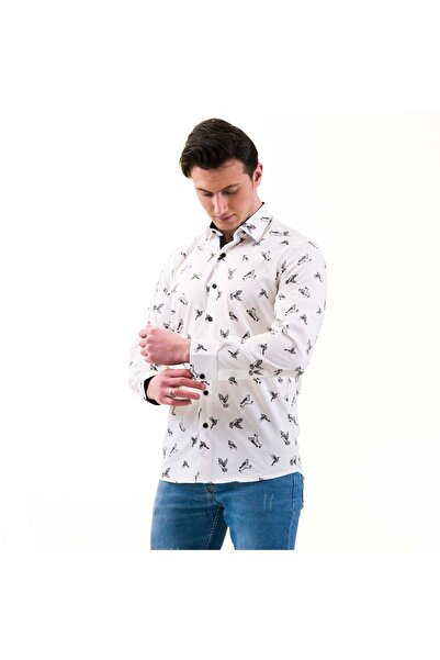 Exve Exclusive Мъжка риза с дълъг ръкав, памучна, с щампа Black Bird, в бяло