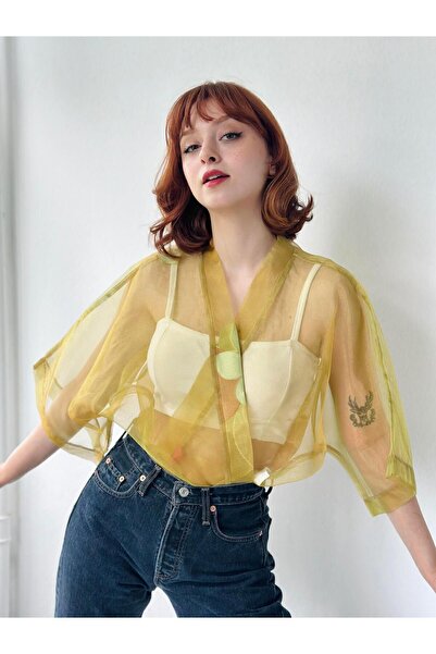 Retrobird Tasarım Organze Mini Kimono Kadın Açık Yeşil
