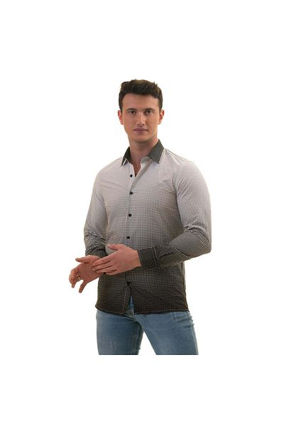 Exve Exclusive White Black Gradient Effect Polka Dot Printed Cardboard Boxed Slim Fit Long Sleeve Men's Shirt