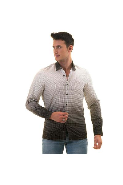 Exve Exclusive White Black Gradient Effect Polka Dot Printed Cardboard Boxed Slim Fit Long Sleeve Men's Shirt