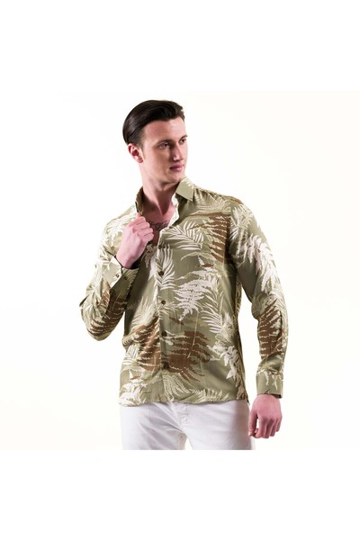 Exve Exclusive Χακί Πράσινο Μπεζ Καφέ Φύση με θέμα Slim Fit Καλοκαιρινό βαμβακερό πουκάμισο που αναπνέει