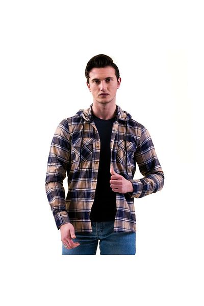 Exve Exclusive Mustard Yellow And Blue Plaid Wool Double Pocket Hooded Lumberjack Western Shirt