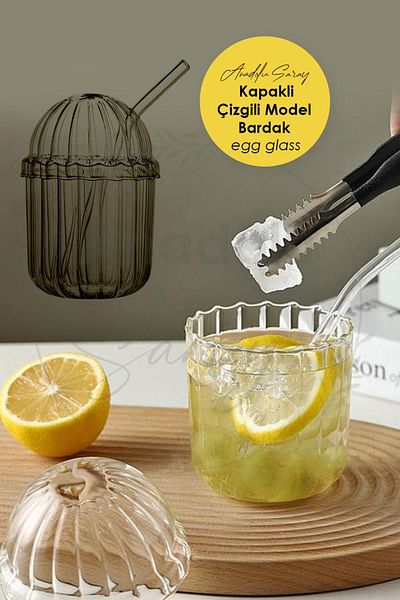 Anadolu Saray Heat Resistant Borosilicate Line Model Glass with Lid and Straw Eggglass | Coffee Presentation Cup
