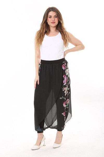 Şans Women's Large Size Black Inner Viscose Trousers Chiffon Wrap Look Shalwar 65N37631