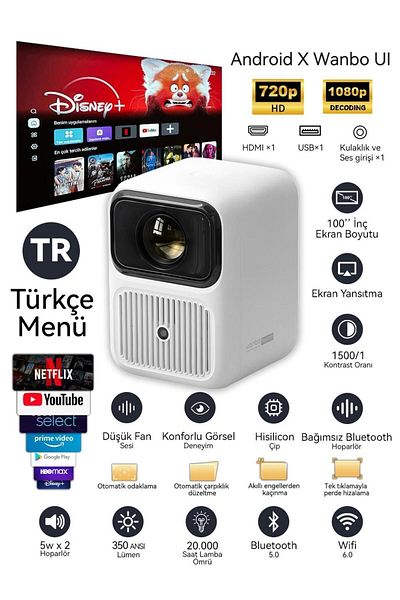 wanbo Dali 1 Android 9.0 Taşınabilir Projeksiyon Cihazı  350 ANSI Lumens Home Theatre Auto-focus 720p