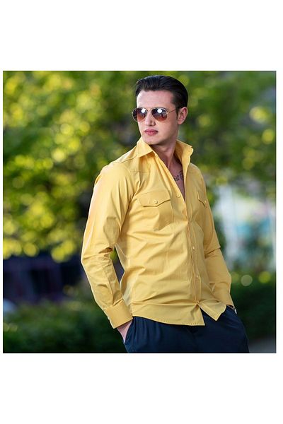 Exve Exclusive Ανοιχτό κίτρινο βαμβακερό Lycra Outdoor Διπλό Κάλυμμα Τσέπης Slim Fit Western πουκάμισο