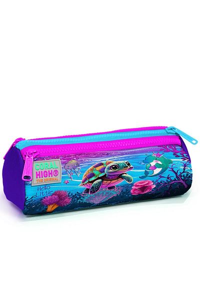 Coral High 22056 Μοντέλο ροζ μωβ τσάντα στυλό με σχέδιο χελώνας - Τρεις θήκες