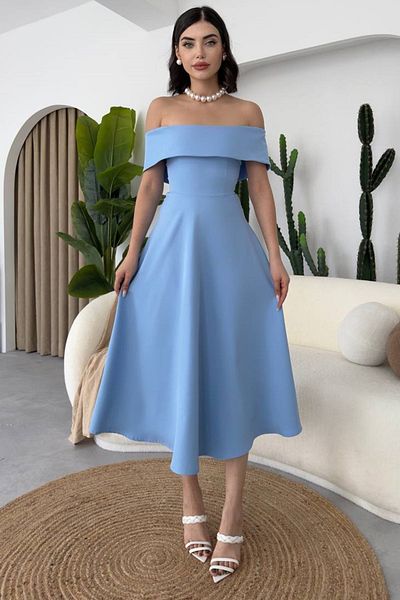 lovebox Rochie de seară midi Atlas Fabric pentru femei, cu guler Madonna, albastru baby 222
