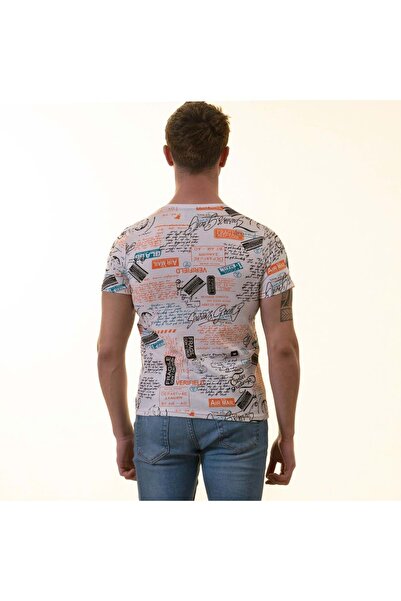 Exve Exclusive White Orange Black World Travel Themed Crew Neck Men's T-Shirt Cotton Combed Cotton T-shirt