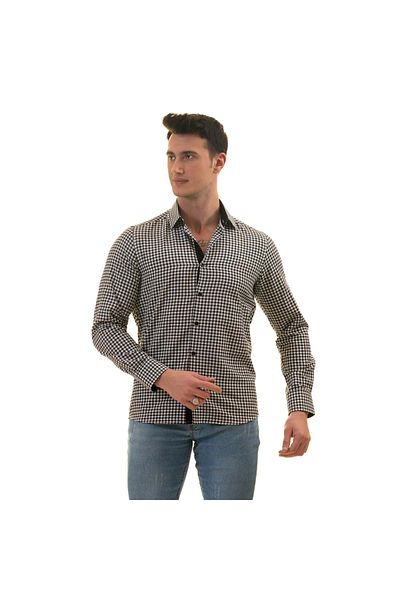 Exve Exclusive Ασπρόμαυρο Gingham Cardboard Boxed Slim Fit Μακρυμάνικο Ανδρικό Πουκάμισο