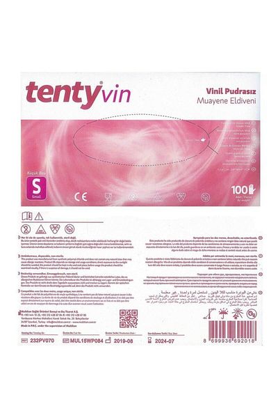 Tenty Vin Vinyl 100pcs Powder-Free Exam Gloves S Small Size8699936692018