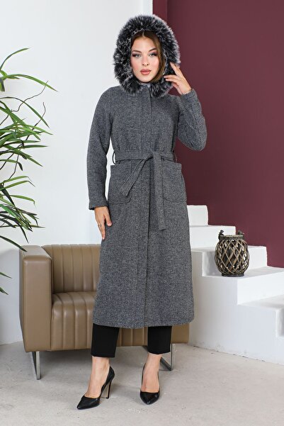 MARFİM KAPİŞONU KÜRKLÜ KAŞE PALTO