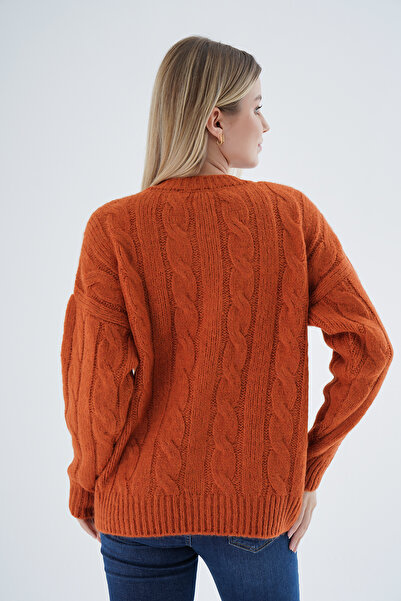 Trist Star Kadın Turuncu Oversize Bisiklet Yaka Düğmeli Saç Örgülü Yün Karışımlı Triko Örme Hırka TRIST-6166