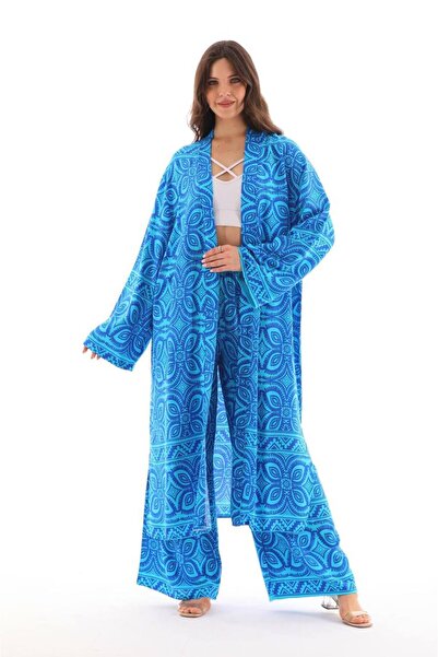 FOXY COLLECTİON KADIN KİMONO TAKIM / mavi beyaz