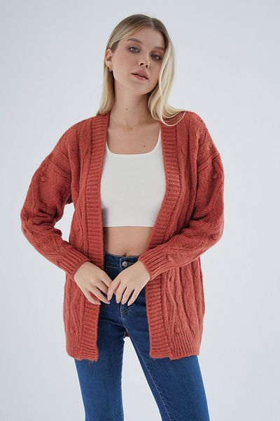 Trist Star Cardigan de damă din tricotaje de culoare cărămidă - supradimensionat, cu pompon, tricotat executat, lung, amestec de lână TRIST-6165