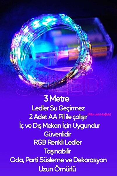 SULED 3 Metre Pilli Rgb Peri Led Ince Tel Dekoratif Lambası Renkli Dekor Perde Ledli Bahçe Oda Kafe Duvar
