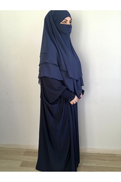 MERVERA Sufle Eşarp Khimar Tesettür Peçeli, Üç Katlı Şifon Lacivert
