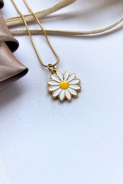 roshel Çelik Papatya Model Altın Renk Çelik Kolye 3 Farklı Zincir Seçeneği