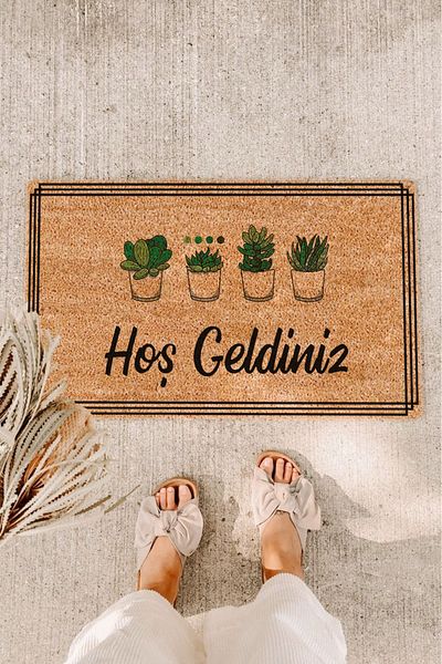 Paspas Yap Welcome Written Koko Mat with Cactus Door Mat Door Mat PVC Base Bristle Mat