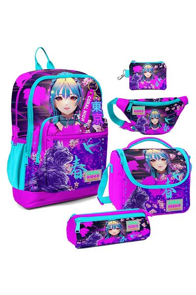 Coral High Purple Pink Anime Cat Pattern - Set de cinci ghiozdane pentru școala primară pentru fete