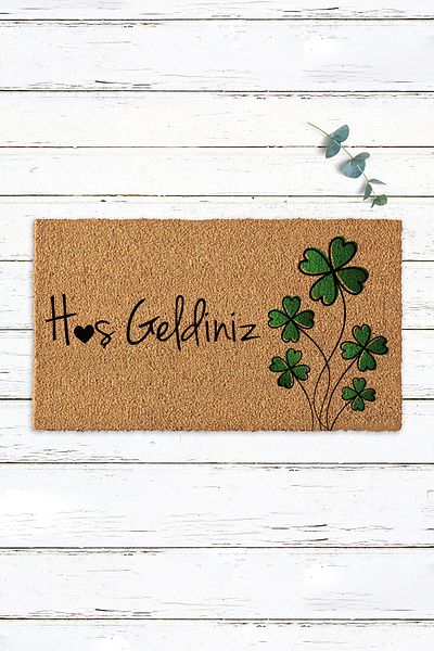 Paspas Yap Welcome Written Green Clover Design Door Mat Koko Door Mat Exterior Door Mat Bristle Mat