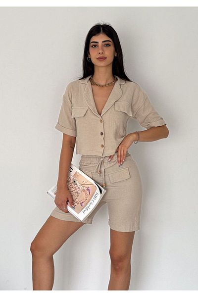 Little Visqon Beige Women's Muslin Set - Pocket Detailed Short Sleeve Shirt and Shorts