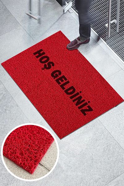 Paspas Yap Red Curly Mat - Welcome Written, Water Absorbent and Non-Slip, Workplace and Apartment Entrance Mat